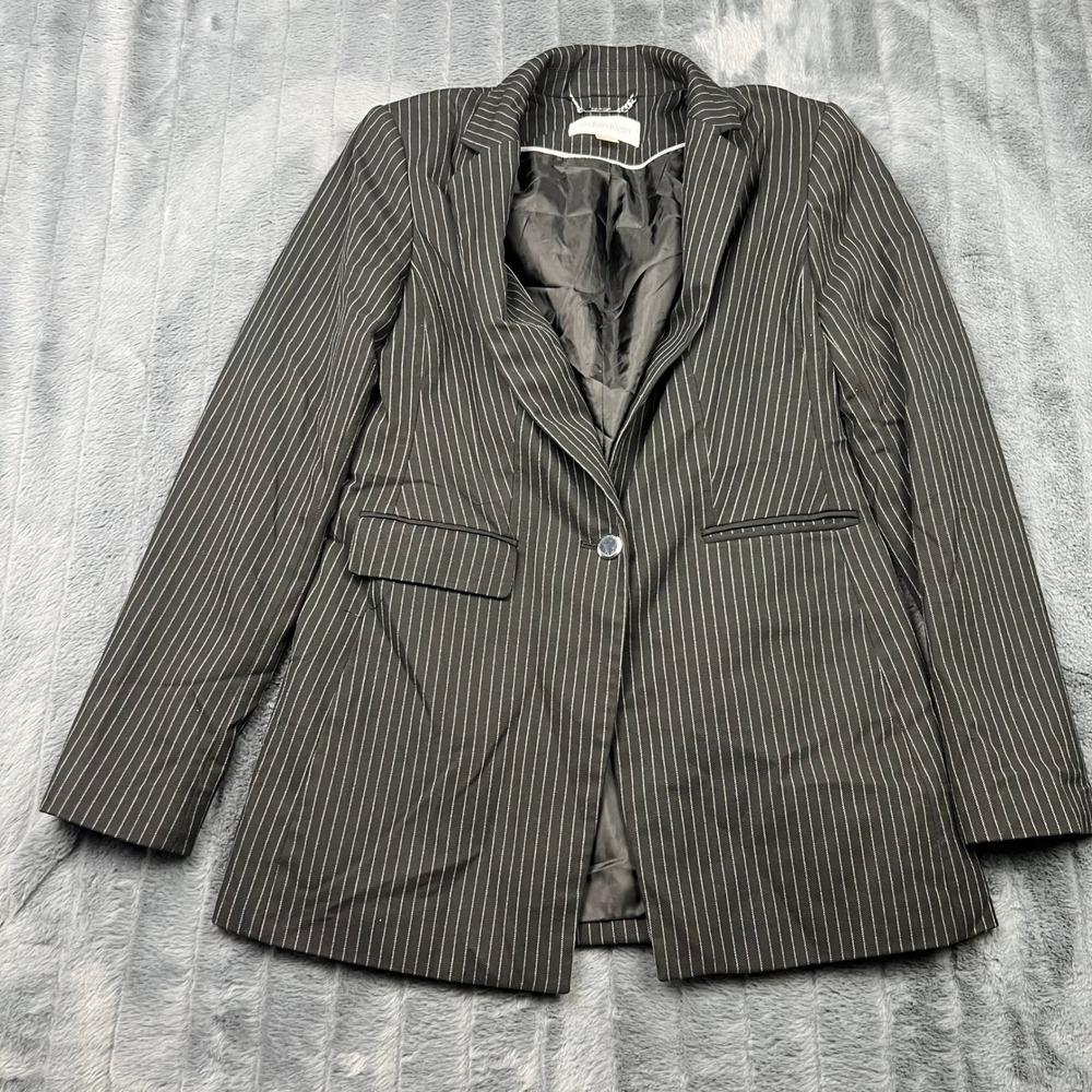 Calvin Klein Womens Pinstripe Single Button Blazer Black White 6P RN54163